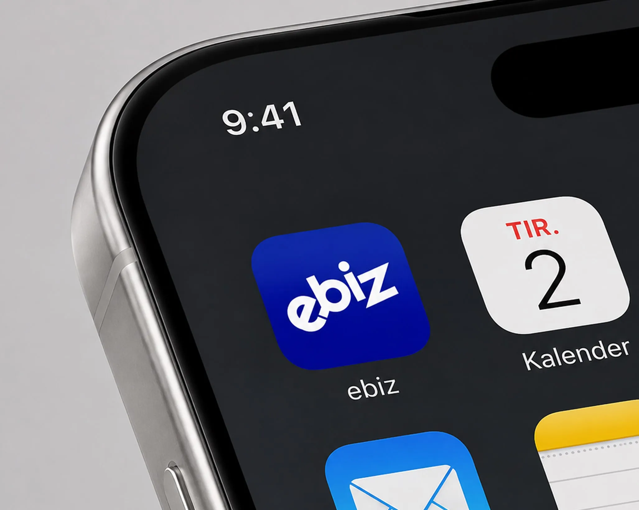 Nærbillede af en iPhone-hjemmeskærm med E-BIZ-appens ikon.